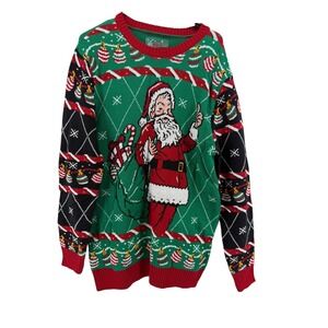 Ugly Christmas Sweater Santa Candy Cane Argyle Green Red Black Unisex L